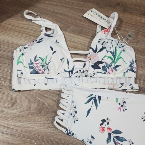Tinibikini high waist‎ White and floral reversible bikini Size XL NEW! - Picture 3 of 8